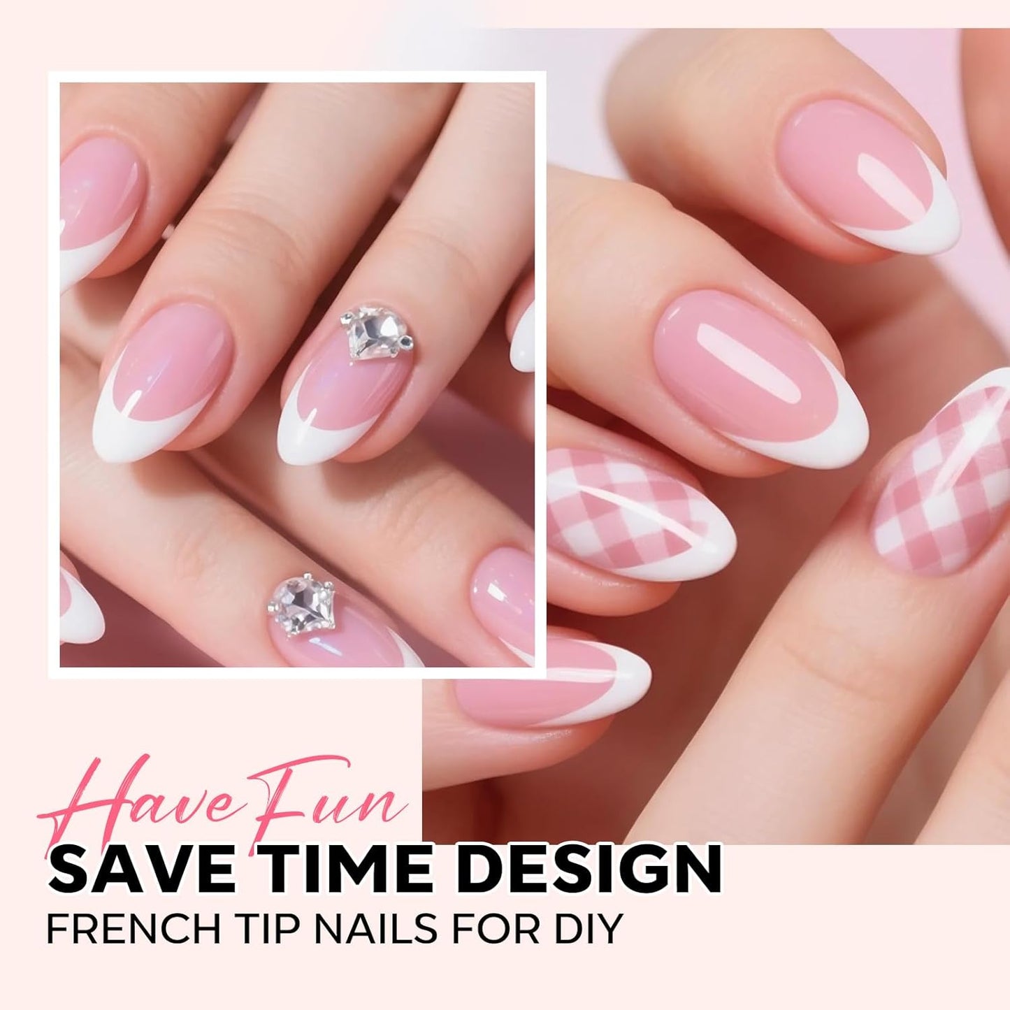 modelones French Tip Press on Nails, 150Pcs Short Almond Fake Nails with Nail Box, Pink Gel Nail Tips for Women, Soft Glue-On Nails for Natural Salon Look, DIY Nail Art Kit (15 Sizes)