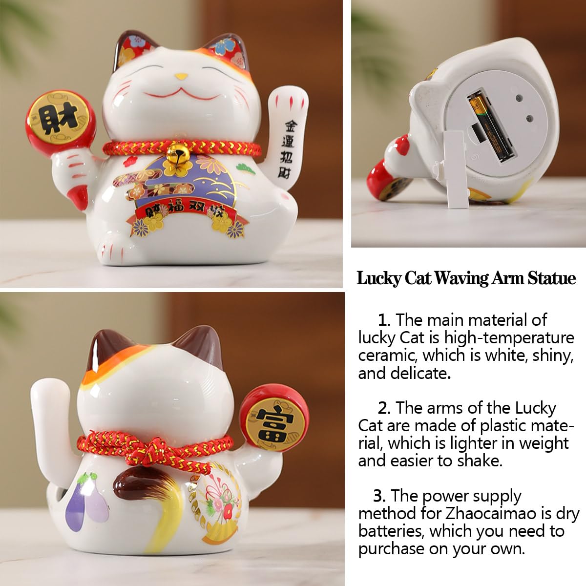 TXYXT Indoor Tabletop Waterfall Fountain with Chinese Ceramic Lucky Cat Waving Arm Figurine，Desktop Mini Water Fountain Decoration，LED Light Ring Backflow Incense Burner for Desk