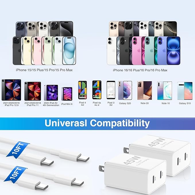 𝟐𝐏𝐚𝐜𝐤 𝟰𝟱𝗪 Dual Port iPhone 17 16 15 Fast Charger, USB C Charging Block and 10ft Type C to C Cable Cord Long for Apple iPhone 17 Pro Max/17 Air/16 Pro/15 Plus/iPad/Air/Mini,Wall Plug Cube Brick