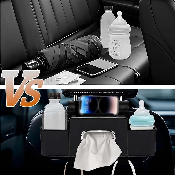 3-in-1 Car Backseat Organizer, 2026 Upgraded Multifunctional Car Seat Back Storage Box, Backseat Car Organizer with 2 Cup Holders, Tissue Box & Hooks, Universal Car Essentials (Beige)