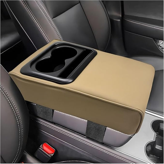 Car Center Console Armrest Pillow, Memory Foam Auto Armrest Box Cover with Cup Holder & Phone Holder, Waterproof Leather Arm Rest Protector Cushion, Interior Car Accessories (Beige)