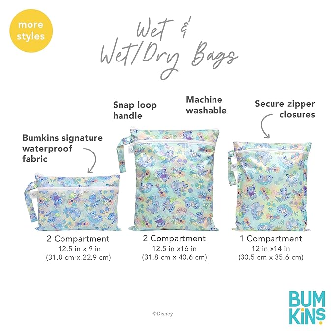 Bumkins Disney Waterproof Wet Bag for Baby, Travel, Swim Suit, Cloth Diapers, Pump Parts, Pool, Beach, Gym Clothes, Toiletry, Hook to Stroller, Daycare, Zip Reusable Wetdry Packing, Minnie Mouse Icon