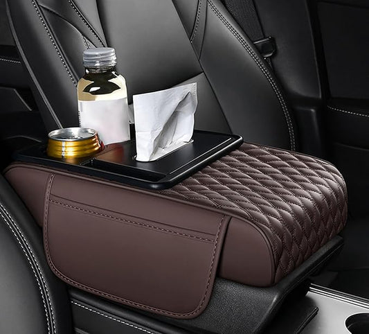 Car Armrest Center Console Cover for Lincoln Navigator L 2018–2025, Center Console Pad with Cup Holder, Multifunctional Armrest Cushion,C Coffee
