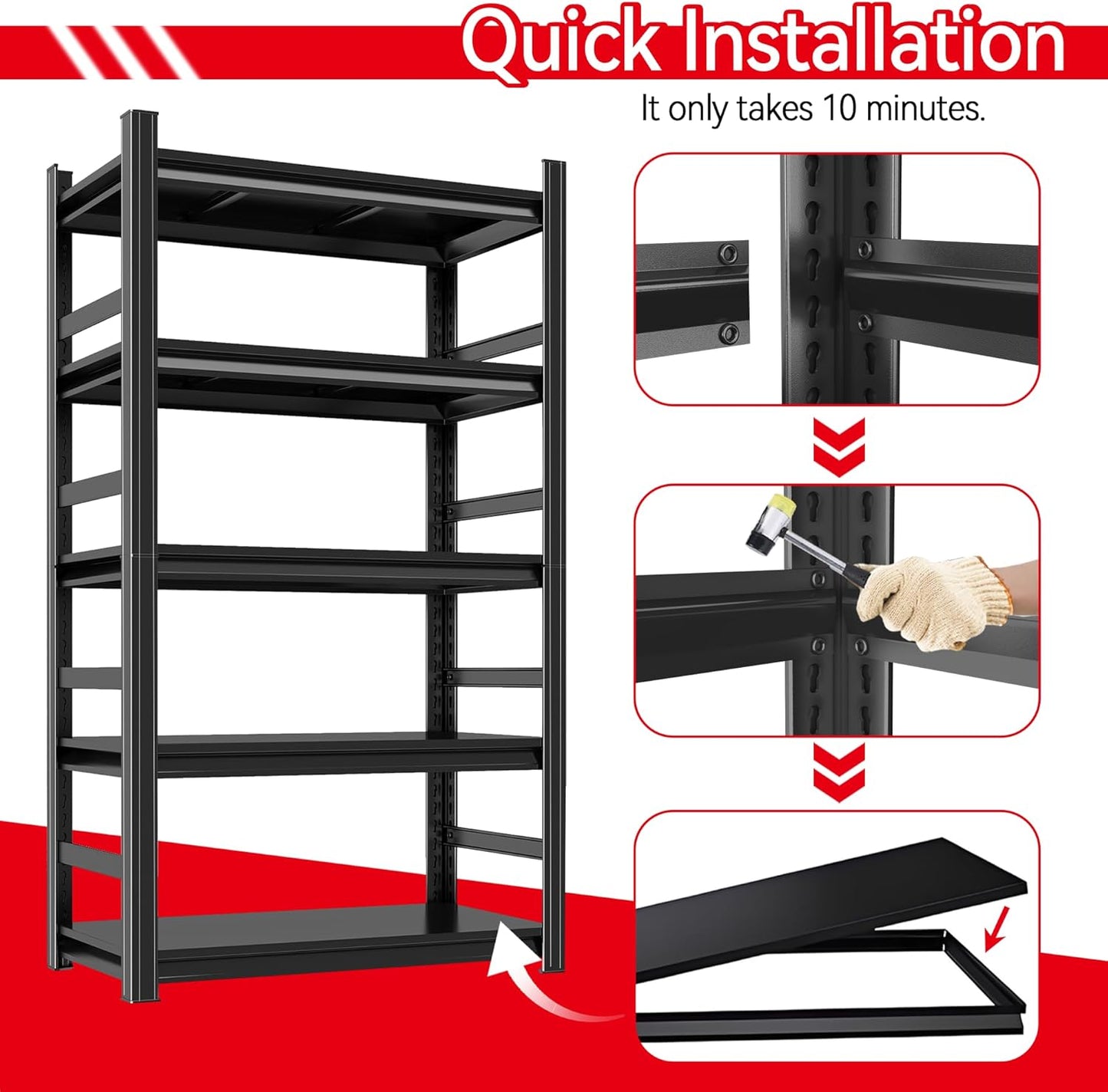 Garage Shelving 5-Tier Storage Shelves 3500LBS Heavy Duty Shelf Adjustable Metal Shelving Units for Basement, Kitchen, Commercial, Warehouse, Industrial, Black