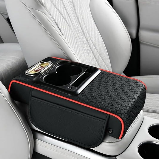 2026 Upgraded Car Center Console Cushion with 30w USB& Type-C Charging Ports, Leather Car Armrest Pad Cover, Interior Accessories for Most Vehicles (Classic Flat Version, Black-Red line)