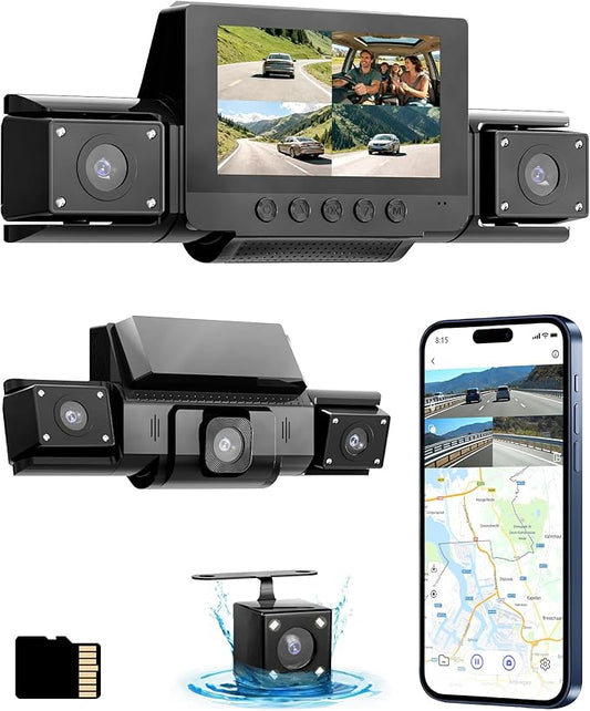 4 Channel Dash Cam 360 View Front Rear Left Right Car Camera,GPS and 5GHz Band WiFi,APP Control,G-Sensor,24H Parking Mode,8PCS IR Lights Night Vision,Wide Angle,WDR,Included Free TF Card