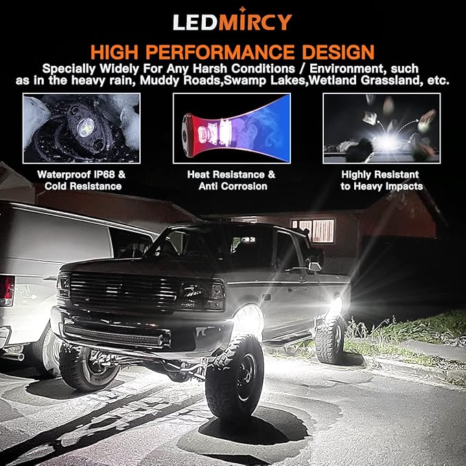 LEDMIRCY R1 Pure White LED Rock Lights 4PCS for Off Road Truck Auto Car Boat ATV SUV Waterproof High Power Neon Trail Lights Underglow Light Interior Exterior Shockproof(4PCS White)