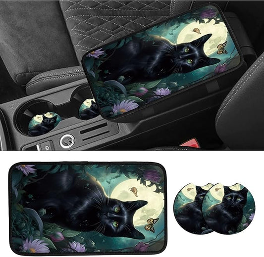 Car Armrest Cover Pads Universal Fashion Cute Auto Center Console Armrest Cover Pad with 2PCS Car Coasters Soft Waterproof Car Armrest Seat Protector for Women Girls, Black Cat
