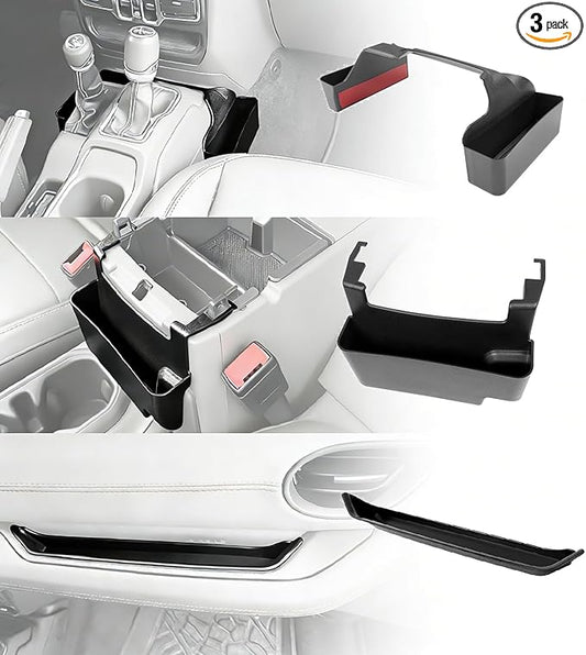 3PCS Center Console Organizer Combo Kit Compatible with 2024-2026 Jeep Wangler JL JLU 4xe Rubicon Sahara & Gladiator JT Accessories, Hanging Storage Box & Grab Bar Tray & Gear Shift Side Tray