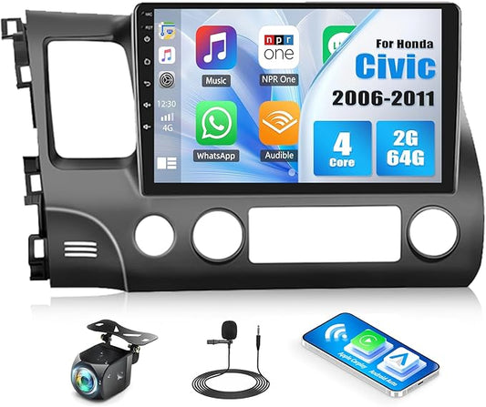4 Core+64G Car Stereo Radio for Honda Civic 2006-2011 with Wireless Carplay Android Auto,10.1" Android 15 Touchscreen Car Radio with WiFi GPS Mirror Link Bluetooth EQ FM RDS SWC + Backup Camera