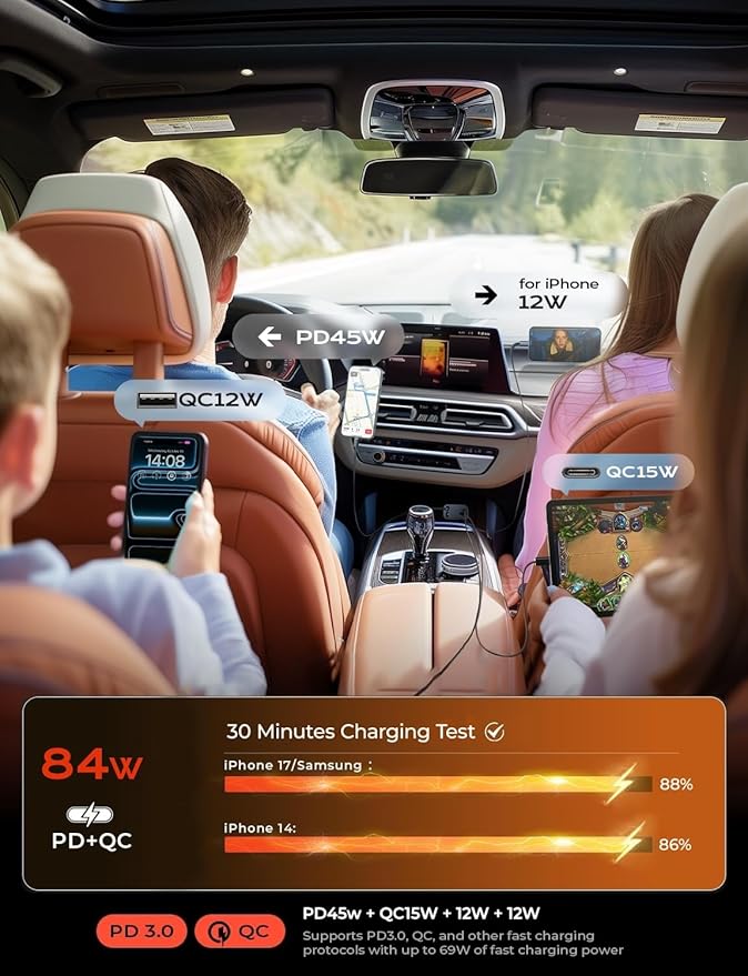 LISEN Retractable Car Charger, Gifts for Mothers Day, Upgrade 84W Car Charger USB C Fast Charge, 2026 Unique Car Accessories for Mom Dad Him Her Men Women, for iPhone 17 16 15 14 13