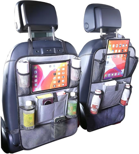 2PCS Car Seat Back Organizer, Waterproof Vehicle Storage Bag with Touch Screen Tablet Holder & 9 Pockets, Auto Kick Mats Back Seat Protector for Kids, Universal Travel Accessories (Gray/Small)
