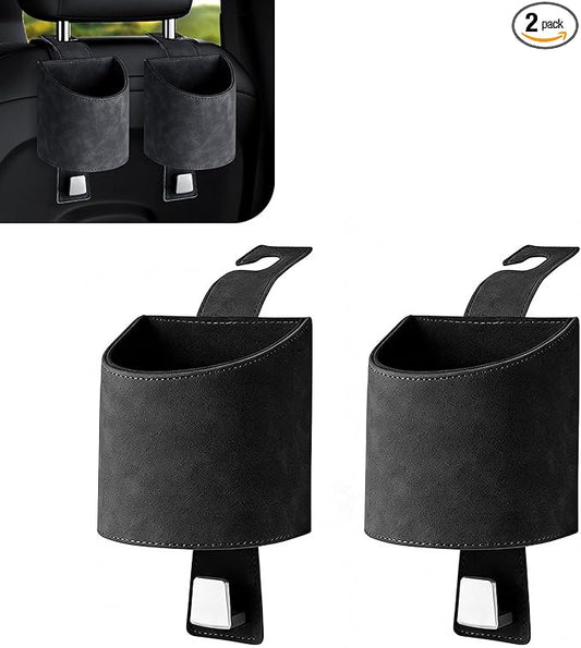 2PCS Car Headrest Cup Holder Organizer, Faux Leather Suede 2-in-1 Backseat Drink Holder with Hooks, Stable Spill-Resistant Storage for Drinks Bottles Bags, Universal Auto Interior Accessory (Black)