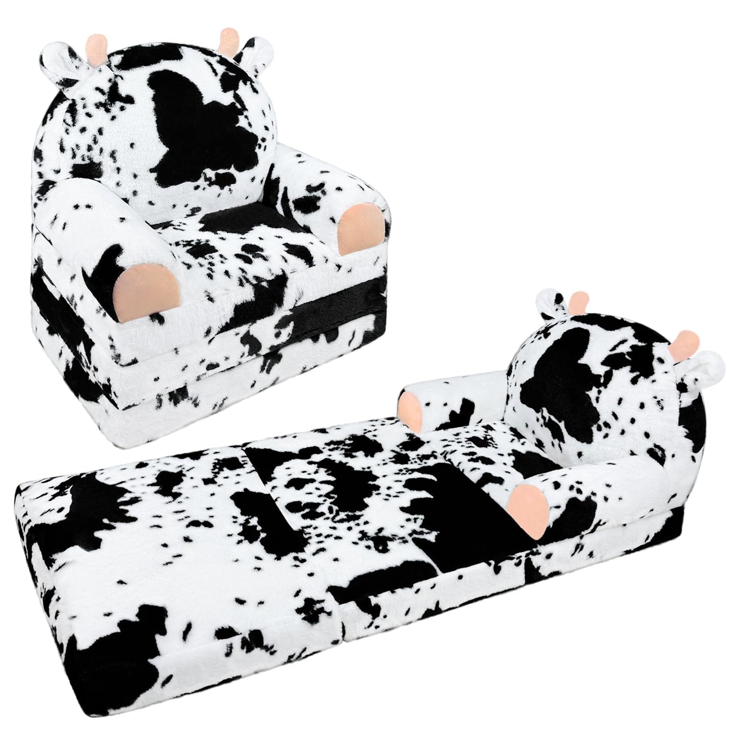 QIUODO Toddler Chair Plush with Removable Cover, 2-in-1 Toddler Couch Fold Out, Cow Shell, Comfy Couch for Kids Over 18 Months, Kids Furniture for Bedroom, Playroom（Cow）