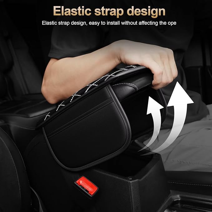 Bling Center Console Cover with 2 Side Pockets Fit for RAV4 Multi-Functional Car Armrest Cushion Diamond-Studded Rhombus Pattern Style(Black&Silver Diamond)
