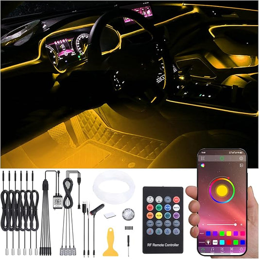 8 Meters Optic Fiber Car Ambient Lighting with Bluetooth App Control + RF Remote Control 64 Colors Multicoloured Music Interior Footwell Lighting Kit DC 12V 1W