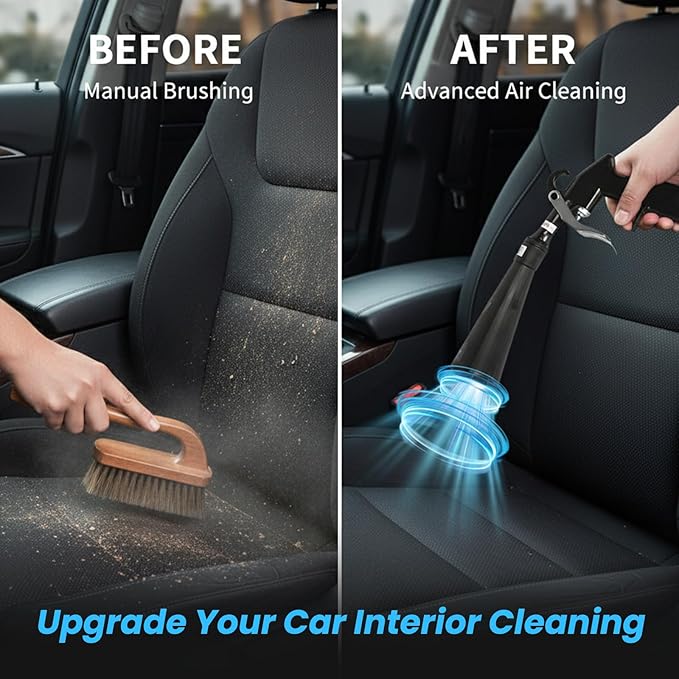 SakerPlus Dry Cleaning Gun, Air-Powered Car Interior Cleaning Tool with Vortex Airflow, Air Compressor Gun for Seats, Carpets, Floor Mats, Vents and Auto Detailing (2 Set Nozzle)