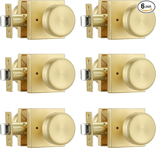 6 Pack Brushed Gold Door Knob with Square Rosette, Heavy Duty Door Knob with Lock, Interior Door Handles for Bath & Bed,