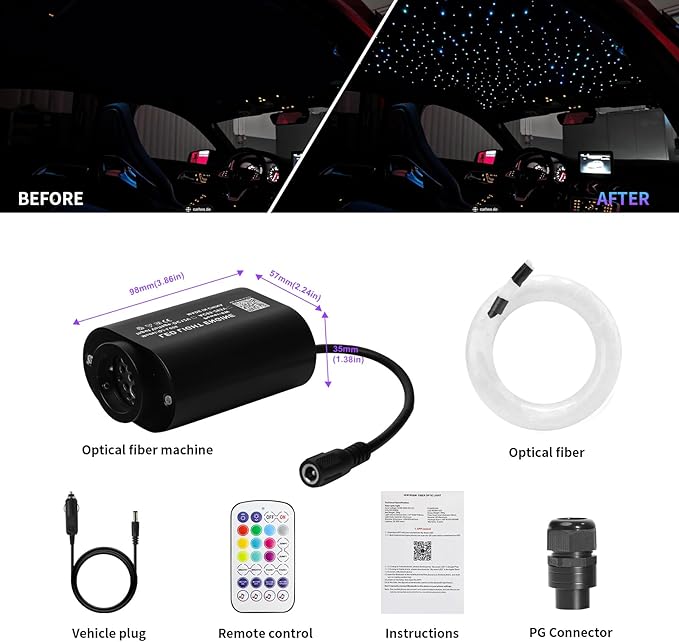 Small Size Car Twinkle Fiber Optic Starlight Headliner Kit, Sound-Activated APP& Remote Control Starlight Engine for Car Home, 400pcs 9.8ft