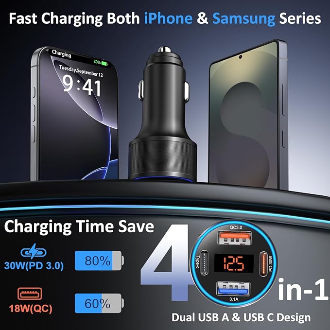 Car Charger USB C, 65W 4-Port Super Fast Type C Car Charger for Samsung S26/S25/S24/S23 Ultra, 2 Pack QC&PD 3.0 Fast Charging Cigarette Lighter Adapter Android Car Phone Charger+6FT USB-C Cable
