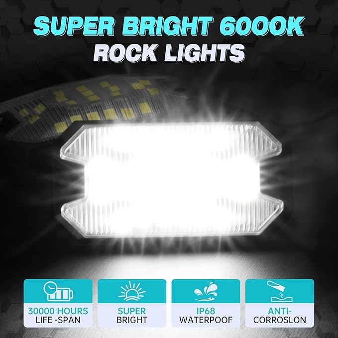 20 Pods Pure White Rock Lights 6000K Pure White 27 LEDs Super Bright LED Underglow Neon Light, 10m Extension Wire, IP68 Waterproof for Trucks Pickup SUV UTV ATV RZR Car Boats