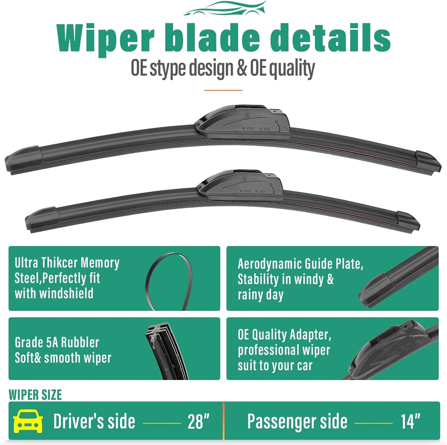 28" 14" 13" Windshield Wiper Blades Replacement for Hyundai Elantra 2012 2013 2014 2015 2016 Elantra GT 2017 Premium All Weather Front Rear Wipers Set - OEM Quality (Pack of 3)
