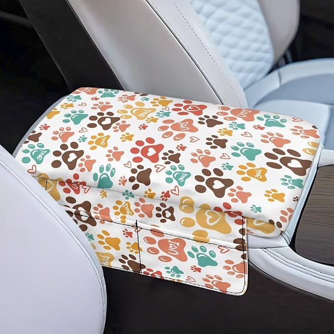 Dreaweet Dog Paw Center Console Armrest Pad Cover Thick Arm Rest Cover for Car Cute Car Accessories for Women Scratch Proof Comfy Car Center Console Cushion Pad with Pockets
