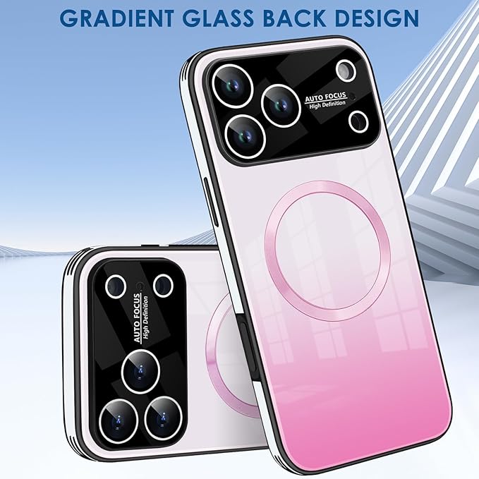 Guppy Compatible with iPhone 17 Pro Magnetic Case, with Full Camera Lens Protector [Compatible with MagSafe] Scratch Resistant Gradient Glass Back Cover Phone Case-Pink