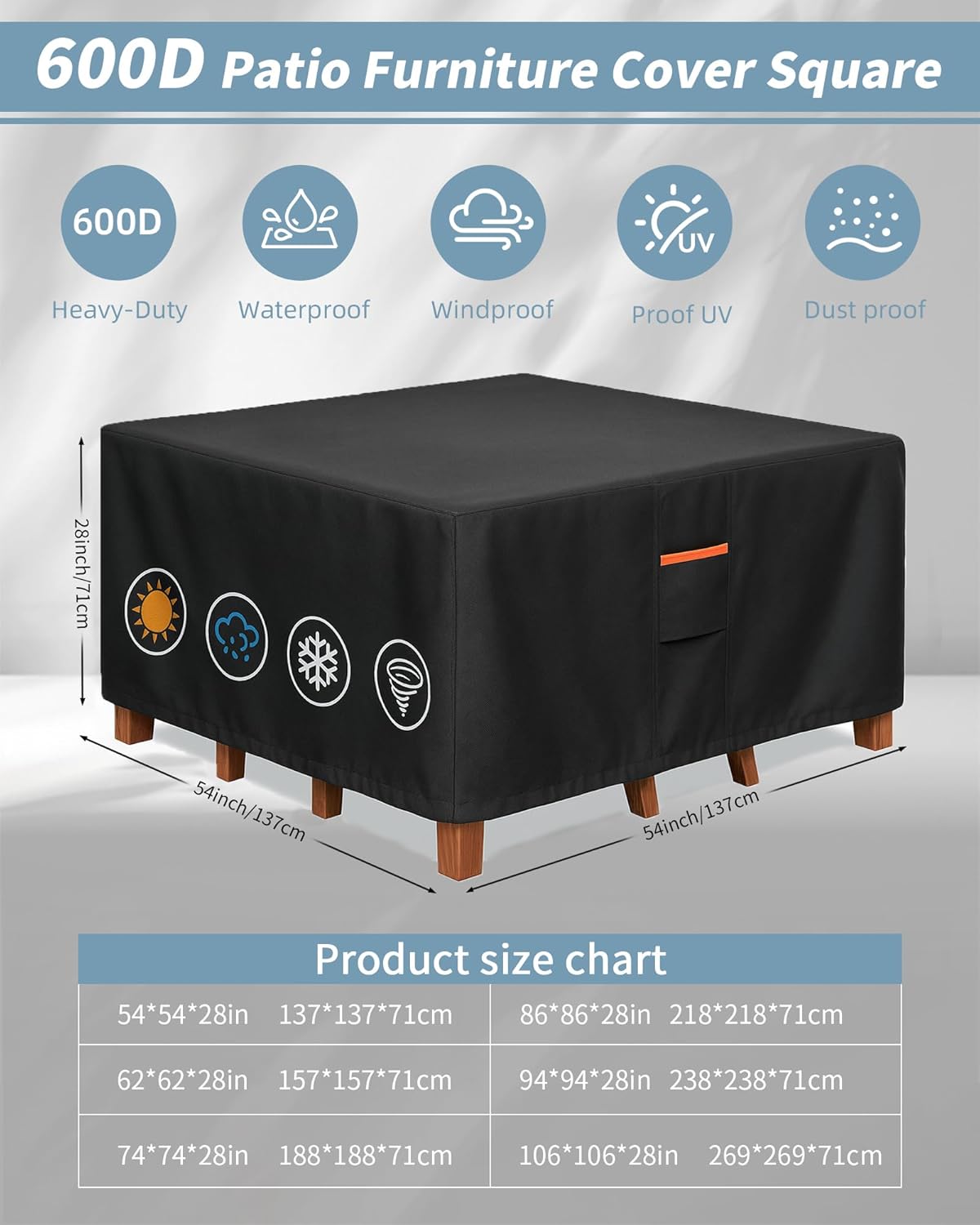 Outdoor Waterproof Furniture Cover, 54W x 54L x 28H inches Heavy Duty 600D Square Table and Chair Set Protection, Black