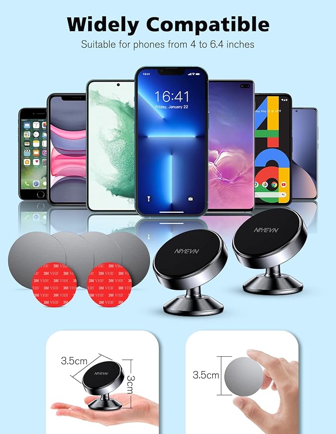 2 Pack Magnetic Phone Holder for Car, [ Strong Magnet ] Magnetic Phone Holder, [ 360° Rotation ] Phone Magnet for Car, Compatible with Most Smartphones, Must be Used with Metal Pad, Black