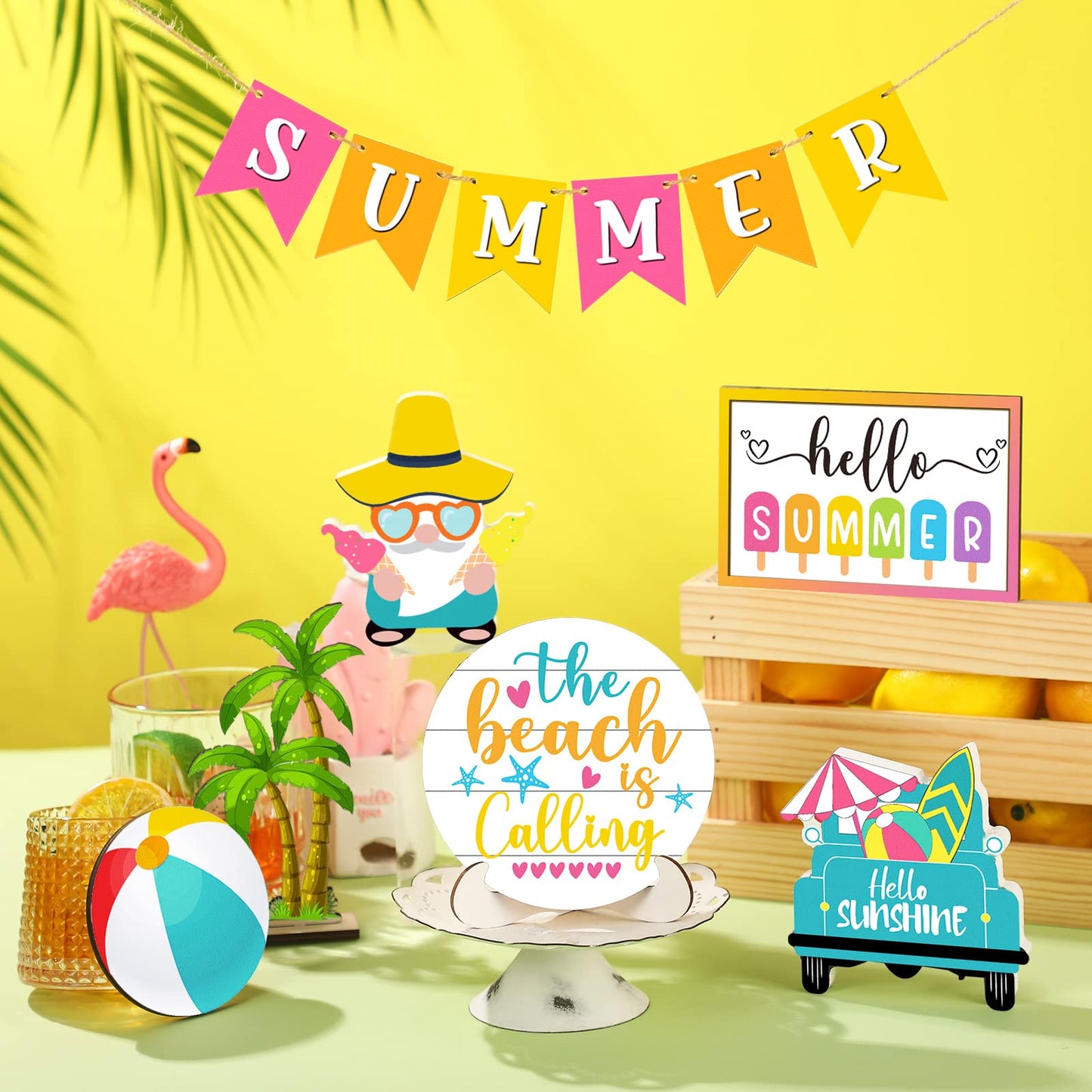 12 Pcs Tiered Tray Decor Set - Hello Summer Hawaii Farmhouse Rustic Beach Gnome Wood Sign Items for Home Table Kitchen Shelf Decor