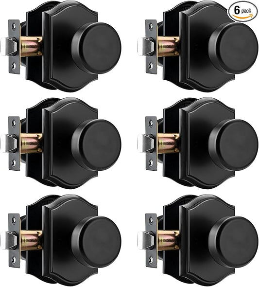 6 Pack Pismo Doorknobs with Lock for Bath & Bedroom, Black Interior Door Knobs with Camelot Trim