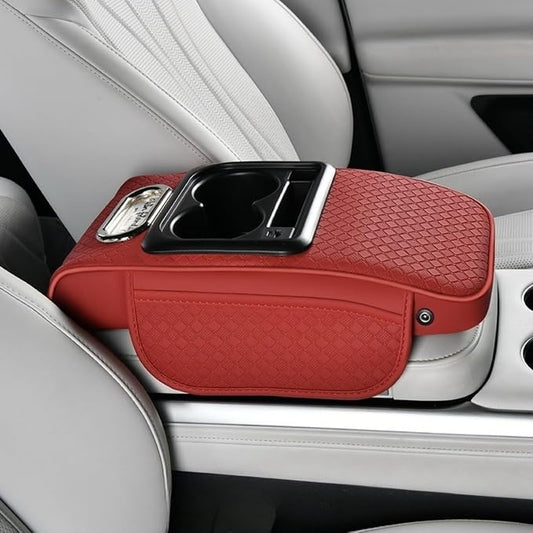 2026 Upgraded Car Center Console Cushion with 30w USB& Type-C Charging Ports, Leather Car Armrest Pad Cover, Interior Accessories for Most Vehicles (Ergonomic Sloped Version, Red)