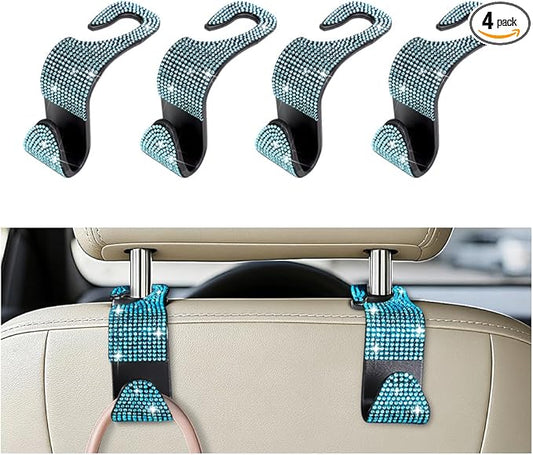 4PCS Bling Car Seat Headrest Hooks, Crystal Rhinestone Vehicle Back Seat Hanger Holder, Auto Interior Headrest Hanging Storage Organizer for Purse Handbag Coat, Universal Fit (Blue)
