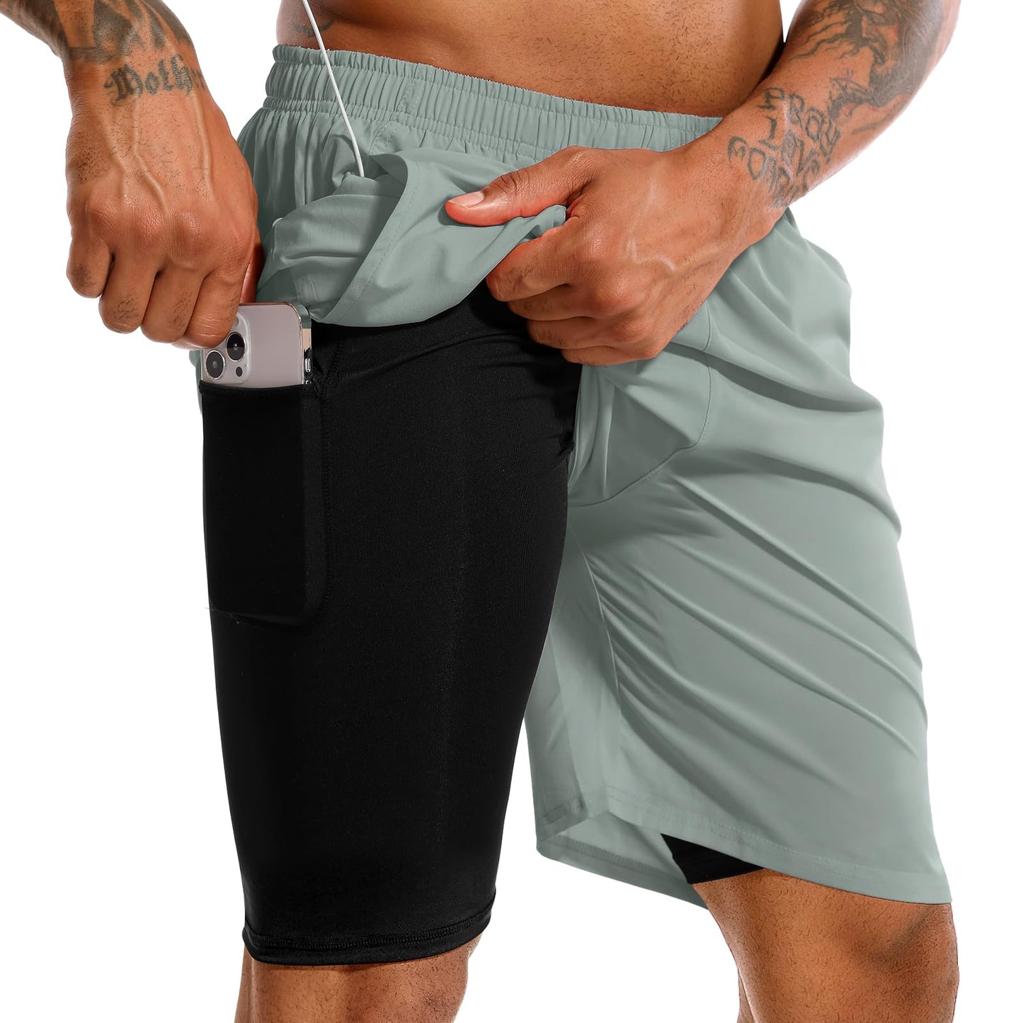 TENJOY Men's 2 in 1 Running Shorts 7" Quick Dry Gym Athletic Workout Shorts for Men with Phone Pockets Arona Blue