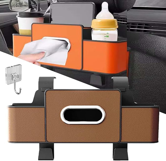 3-in-1 Car Backseat Organizer, 2026 Upgraded Multifunctional Car Seat Back Storage Box, Backseat Car Organizer with 2 Cup Holders, Tissue Box & Hooks, Universal Car Essentials (Brown)