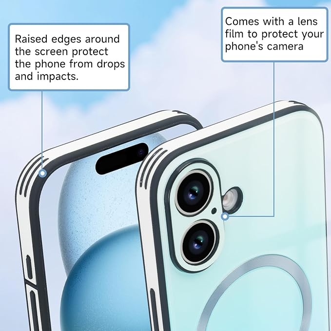 Guppy Compatible with iPhone 16 Case Magnetic, with Full Camera Lens Protector [Compatible with MagSafe] Scratch Resistant Gradient Glass Back Cover Phone Case-Blue