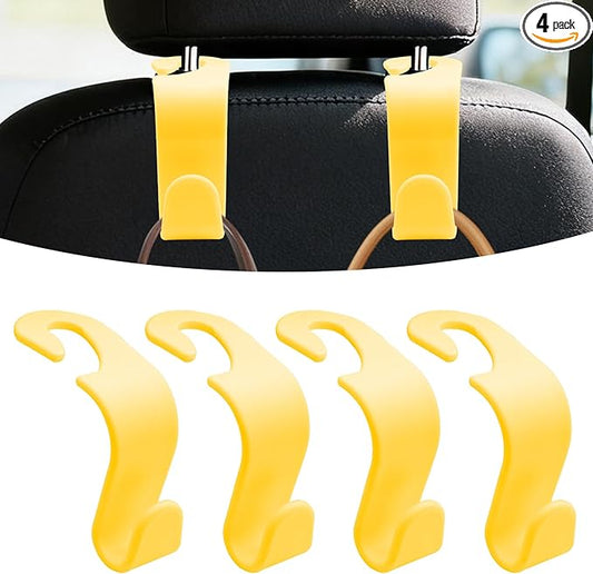 4PCS Car Seat Headrest Hooks, Purse Hook for Car, Auto Back Seat Organizer Storage Hanger Holder, Auto Accessories Multi-Use Portable Headrest Organizer Holder for Purse Handbag Coats (Yellow)