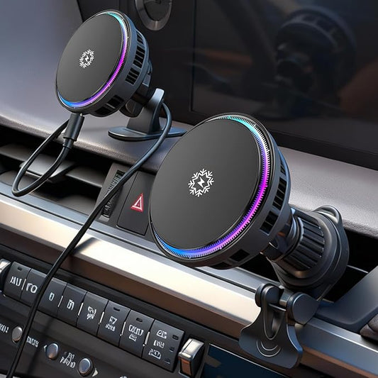 2026 Upgraded TEC and Fan Dual Cooling Magnetic Wireless Car Charger, For 15W Magsafe Car Charger Mount, RGB, Air Vent/Dashboard Fast Wireless Charging Car Phone Holder for iPhone 17/16/15/14/13/12