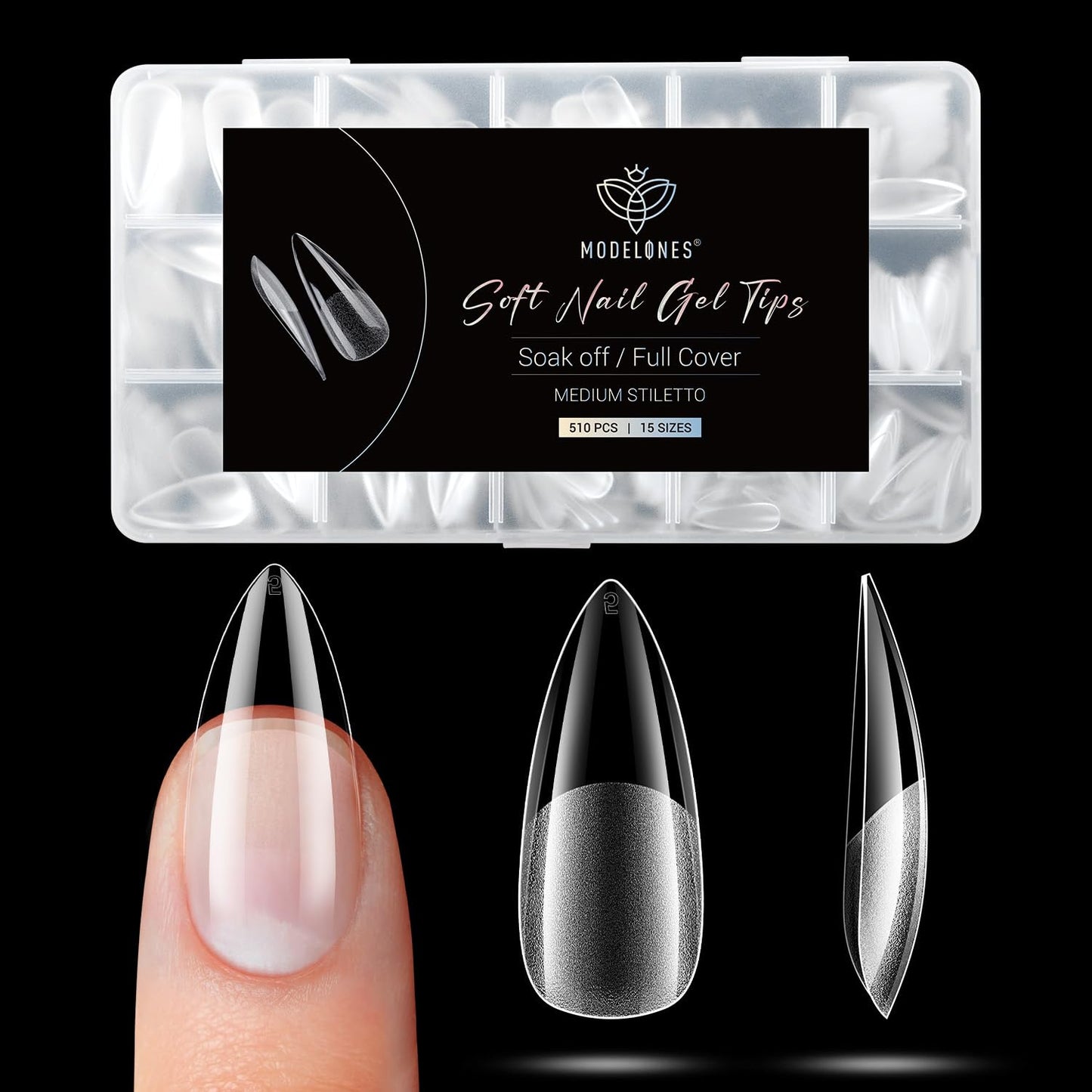 Modelones Medium Stiletto Fake Nail Tips - 510Pcs Gel Tips Pre-shaped Half Matte Full Cover Clear Acrylic Gel Kit False Press on Nails for Extension DIY Salon 15Sizes