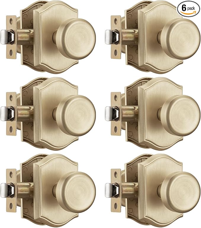 6 Pack Pismo Doorknobs for Hall, Gold Interior Door Knobs with Camelot Trim, Satin Brass Interior Door Handles