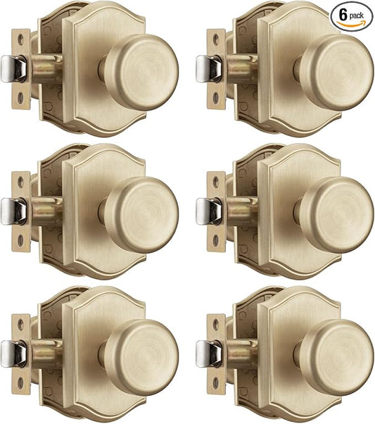 6 Pack Pismo Doorknobs for Hall, Gold Interior Door Knobs with Camelot Trim, Satin Brass Interior Door Handles