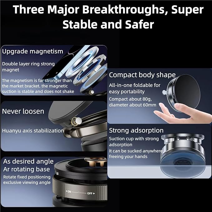 Vacuum Magnetic Car Phone Holder 360° Adjustable Foldable Portable Magnetic Phone Holder for Car for Car/Gym/Mirror/Smooth Surface Suction Cup Phone Mount Compatible for All Smartphones (Obsidian)