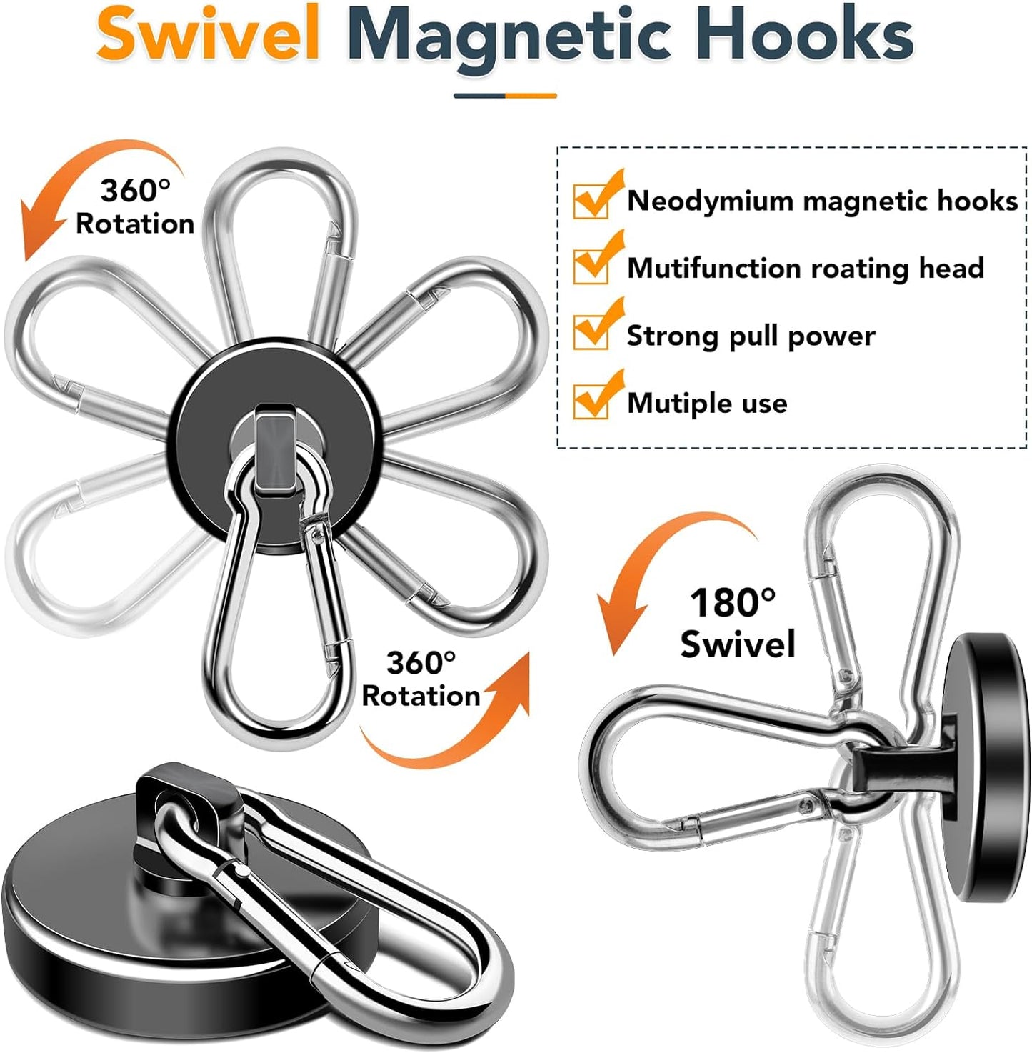 MIKEDE Magnetic Hooks Heavy Duty, 110LBS+ Strong Neodymium Magnets with Swivel Carabiner Hook, Black Magnetic Hangers Magnet Hooks for Locker, Home, Cruise Cabin, Office - 10 Pack