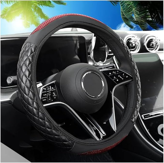 Car Steering Wheel Cover, 14.96" Leather Anti-Slip Vehicle Steering Wheel Protector with Fish Scale Graphic Grip, Automobile Interior Protection, Universal for Sedan Truck SUV (Red)