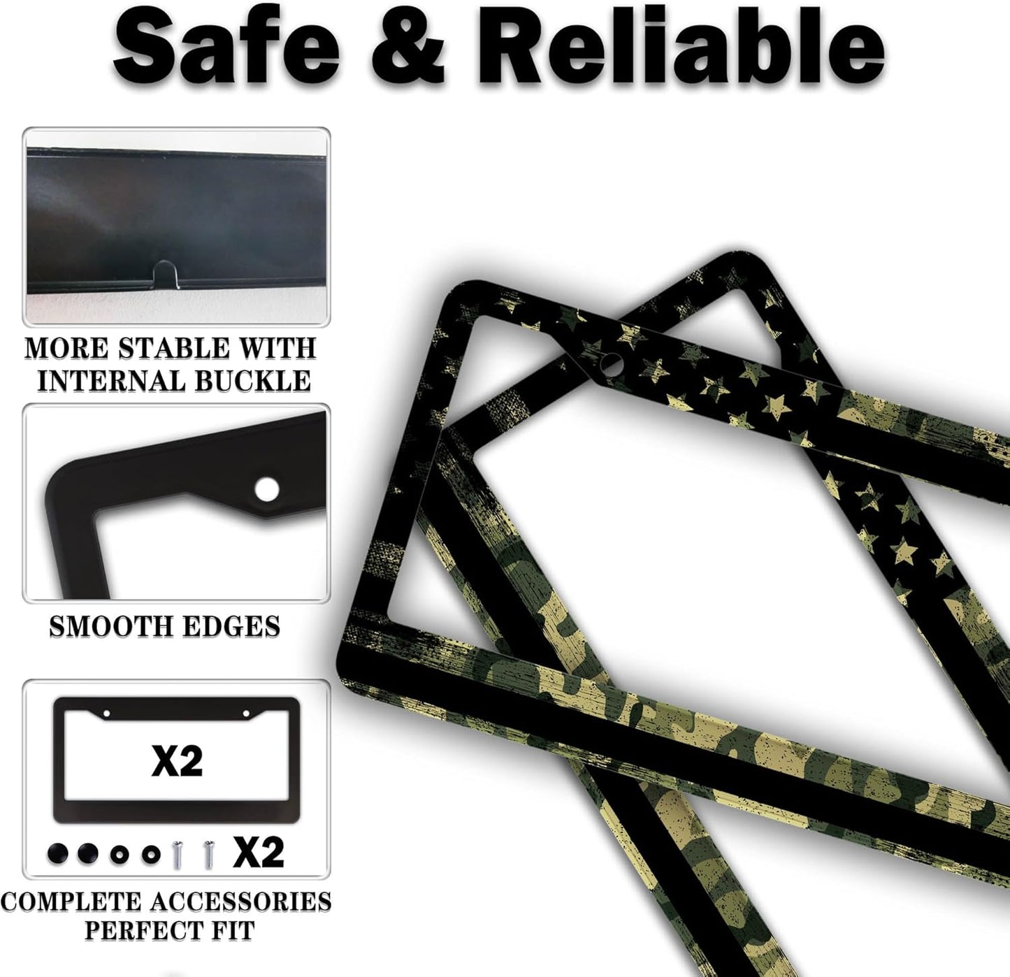 License Plate Frame Multicolor License Plate Holder USA Flag Black Camo Universal Aluminum Car Accessory 2 Pack with Screw Covers Set