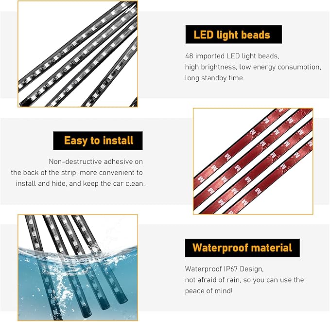 Car Led Interior Lights, RGB 48 LED Multicolor Auto Strip Light with Sound Active Function and Remote Control, Under Dash Smart Lighting Kit with Charger, Car Accessories (USB)