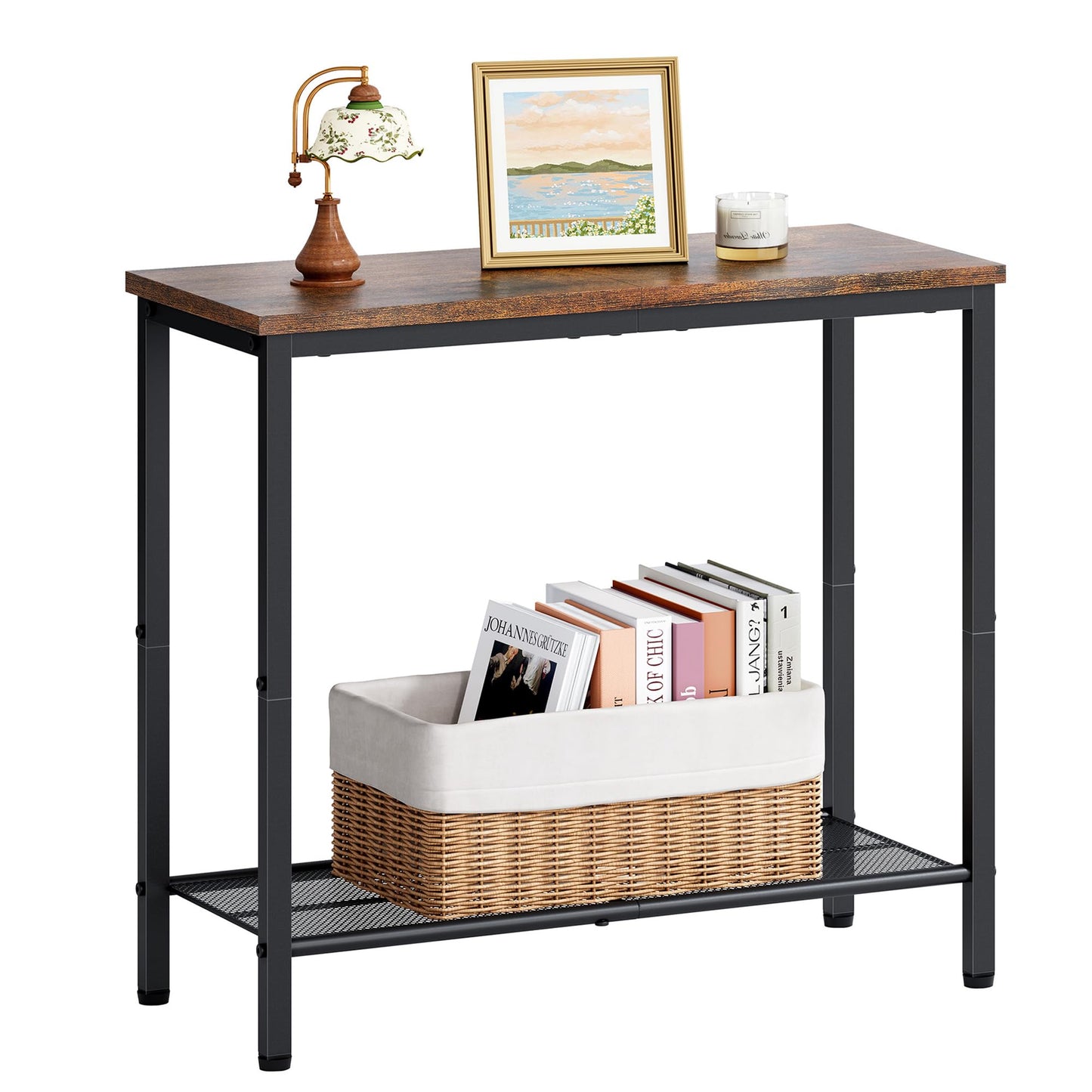 Hoctieon 2 Tier End Table, Sofa Side Table, Narrow Side Table with Storage, Slim Nightstand for Small Spaces, Metal Frame, for Living Room, Bedroom, Sofa Couch, Hall, Rustic Brown