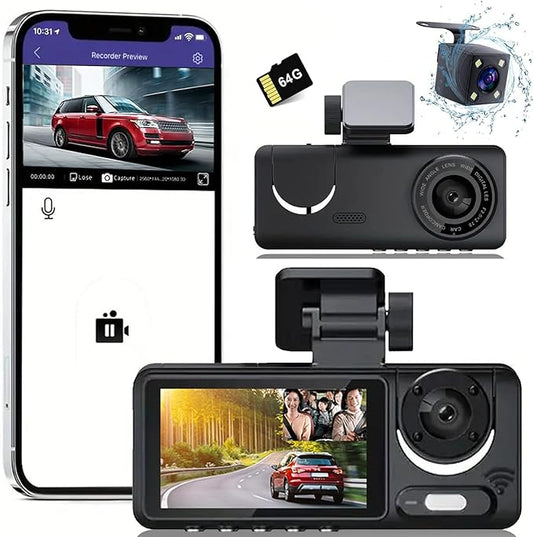 3 Channel Dash Cam, Full UHD Front and Car CameraRear Inside,Car Camera Full HD 170 Deg Wide Angle Dashboard Camera with 64GB Card, 2-Inch Screen,G-Sensor,Loop Recording，Night Vision
