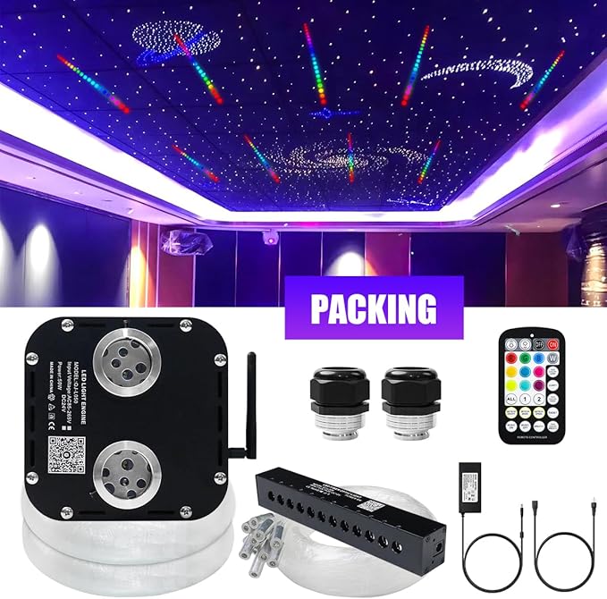 AZIMOM Updated Dual Color 50W Twinkle Fiber Optic Starlight Kits 2000pcs*0.03in*16.4ft, RGB Meteor Shooting Star, Sound Activated APP/Remote Control Theater Ceiling Home Shop Car Lobby Roof Decor